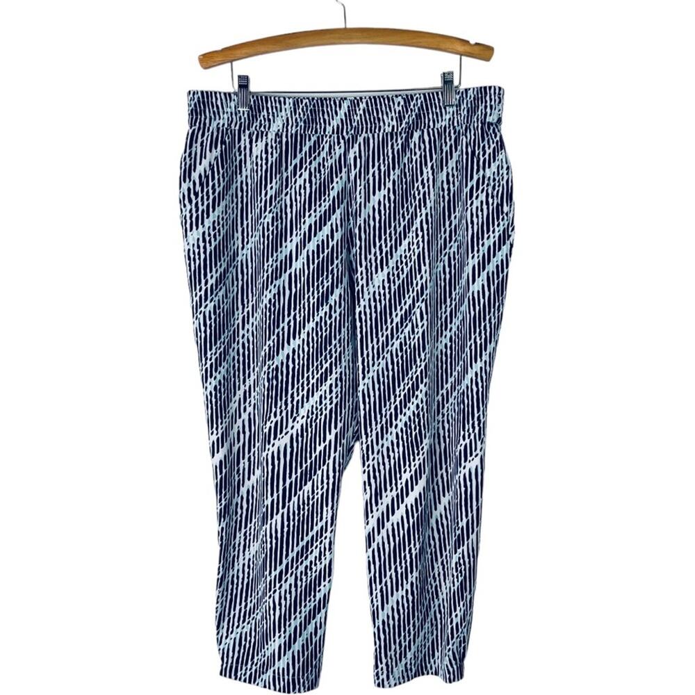 NY & Co blue white stretchy striped abstract cropped pants XL